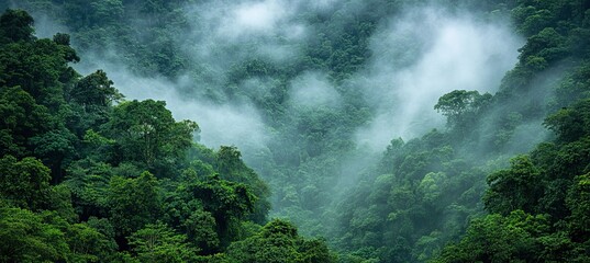 Mystical Misty Rain Forest, Abundant Lush Greenery, Serene Natural Landscape Of Tropical Jungle