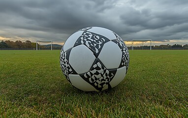 Fototapeta premium Soccer ball on green field under a cloudy sky, near goals.