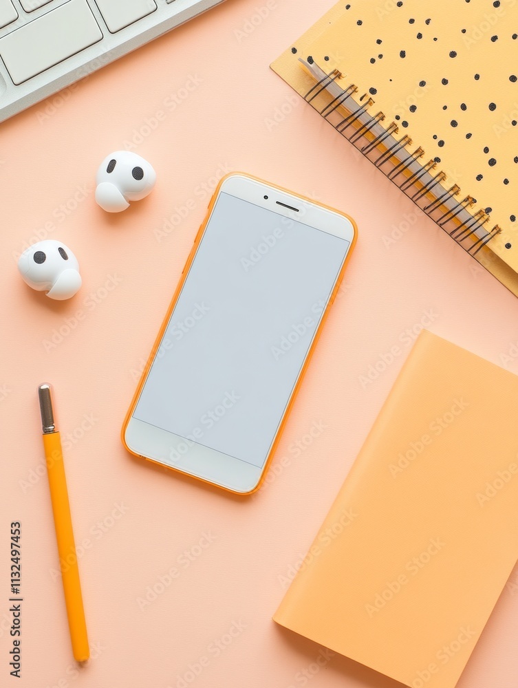 Poster flat lay of modern e-learning tools on desk