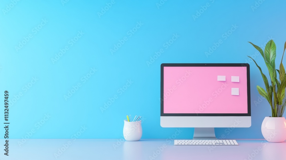 Poster Modern Home Office Setup with Desktop Monitor and Bright Colors