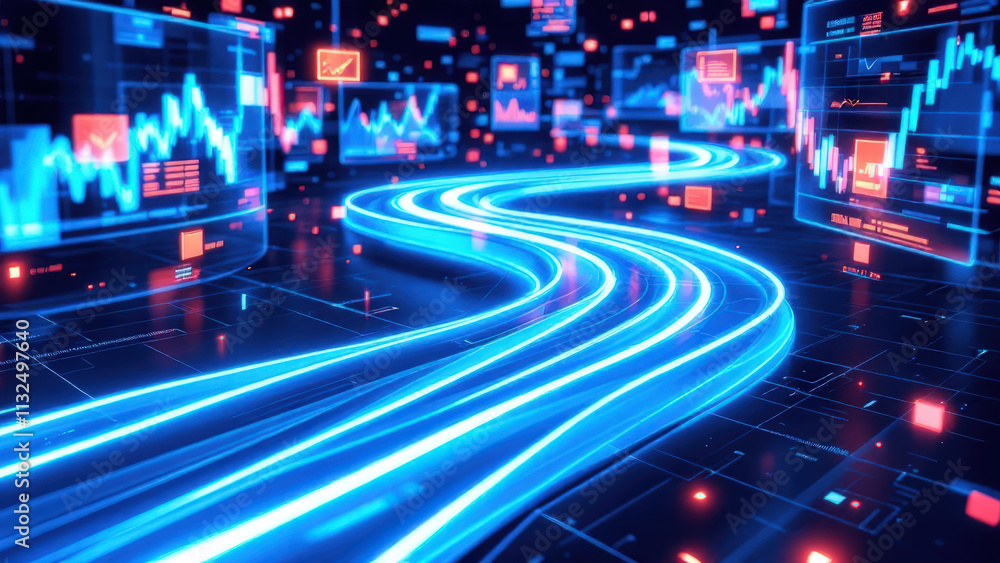 Poster glowing blue digital pathway surrounded by futuristic financial graphs and data visualizations