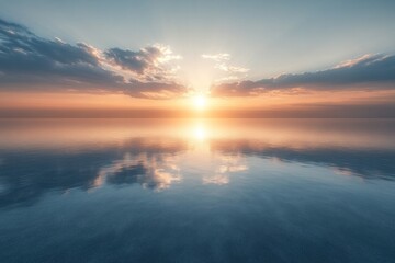 Serene sunset reflected on calm water, creating a tranquil and peaceful atmosphere.