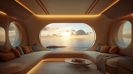 Fototapeta premium A serene airplane cabin provides a picturesque glimpse of the Maldives through its expansive window. The image evokes the alluring allure of travel