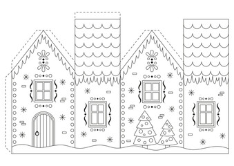 Coloring page with Christmas gingerbread house for kids. Craft game cut and glue paper. Education for kids, papercraft, Christmas decor. Vector illustration