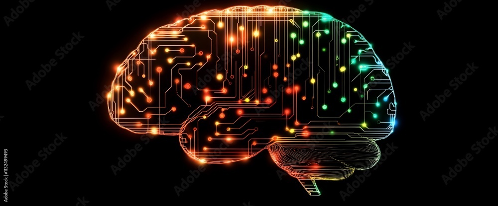 Poster A colorful brain illustration with circuit patterns, symbolizing technology and intelligence.