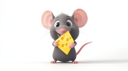 Fototapeta premium Gray Little Mouse Character, holding a piece of cheese isolated on white background. 3D rendering. Cartoon illustration.