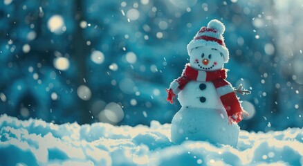 Fototapeta premium A cute snowman, wearing a knitted hat and scarf, smiles in a snowy landscape with a blurry winter pine woods background, featuring bokeh lights and a starry, glittering night sky. Generative AI