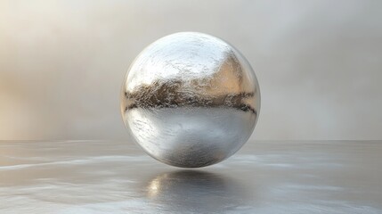 Polished silver sphere reflecting light on a reflective surface.