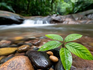 Lush green plant sprout emerging from smooth river rocks near a cascading waterfall in a tropical rainforest.