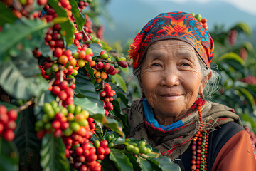 Women from northern Thai ethnic groups harvest coffee