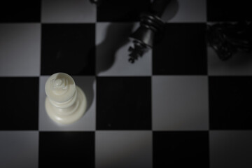 A close-up of a chessboard highlighting the white KING standing out among black pieces, symbolizing...
