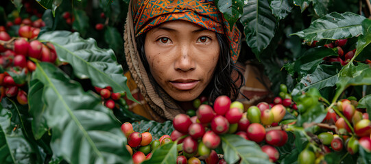 Women from northern Thai ethnic groups harvest coffee