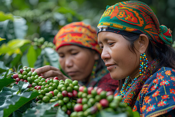 Women from northern Thai ethnic groups harvest coffee
