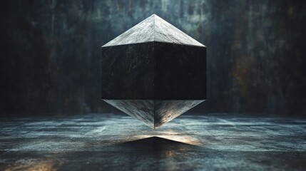 Dark, metallic, geometric cube levitating above a grunge floor, illuminated from below.