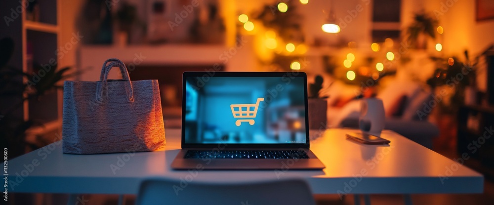 Poster a cozy workspace with a laptop displaying a shopping cart icon.