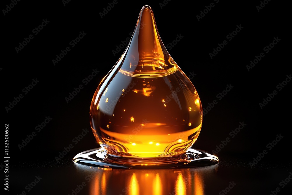 Poster a vibrant oil drop rests elegantly on a smooth black surface, capturing light and reflections in a m