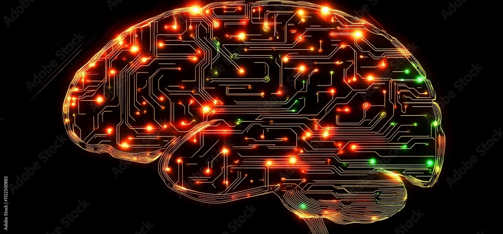 Poster A digital brain design with circuit patterns and glowing lights.