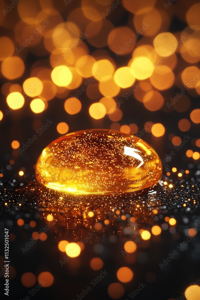 Poster a mesmerizing oil drop sits gracefully on a black surface, illuminated by shimmering golden bokeh th
