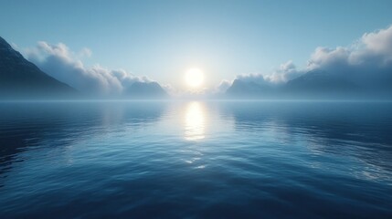 Serene sunrise over calm water with mountain reflection.