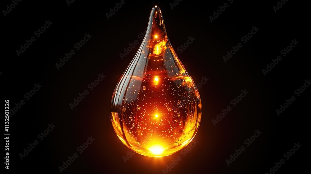 Poster a stunning oil drop floats in the void of a black backdrop, illuminating with golden hues and captur