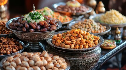 Obraz premium Assorted Nuts Dates And Sweets In Elegant Bowls
