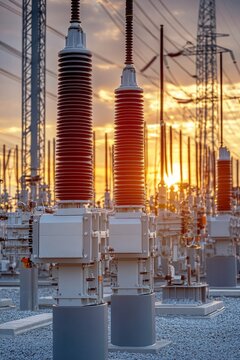 Power Distribution Network Electrical Substation, Switchgear, and Transmission Towers at Sunset