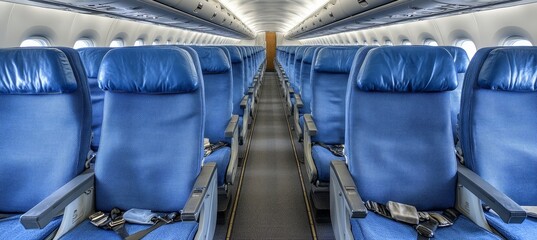 Fototapeta premium Empty airplane cabin with rows of blue seats, perspective view down the aisle, travel concept.