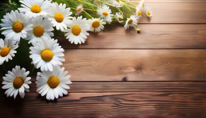 Obraz premium bouquet of white daisies on the wooden table background with copy space for place text and design. white daisy chamomile.