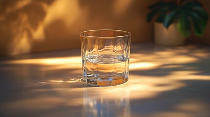 Glass of water on table in sunlight.