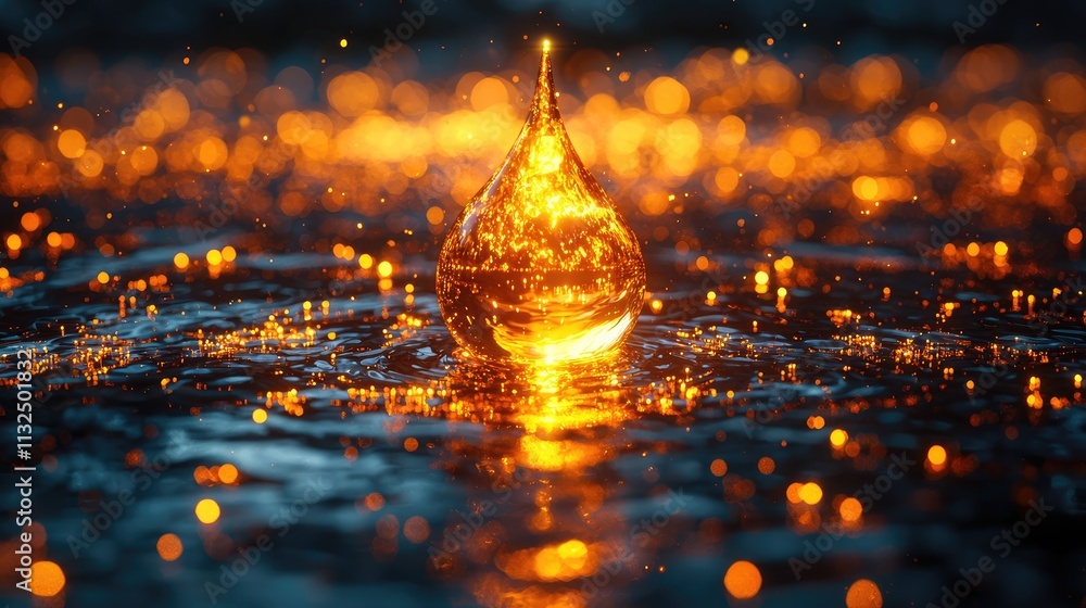 Poster a luminous oil droplet hovers against a dark backdrop, creating a stunning display of light and refl