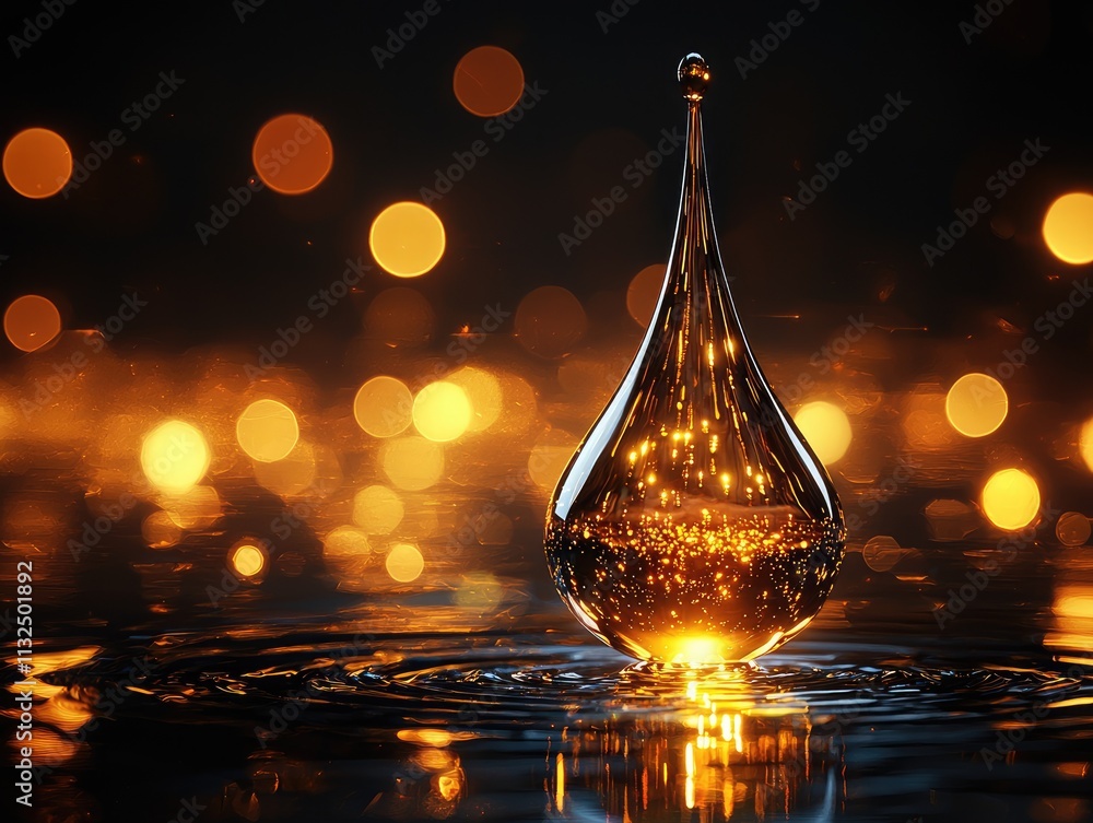Poster an exquisite oil drop stands elegantly against a black backdrop, reflecting shimmering golden hues a