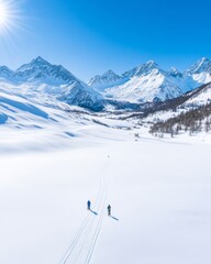 Winter Landscape with Hikers in Snowy Mountain Valley under Clear Blue Sky