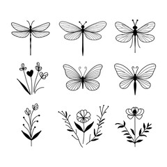 Fototapeta premium Minimalist wildflower line art vector set, butterfly and dragonfly isolated clipart, modern botanical insect embroidery design