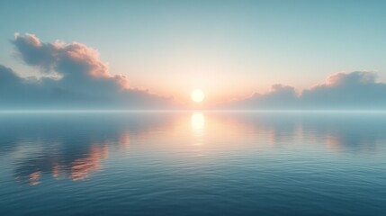 Fototapeta premium Serene sunset over calm ocean reflecting sky, clouds.