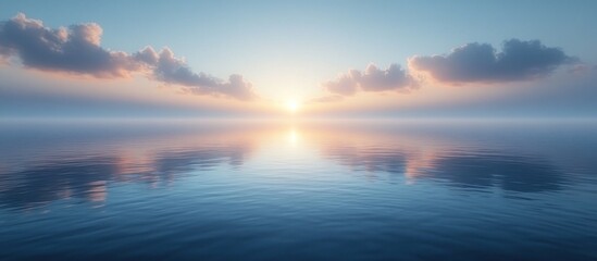 Fototapeta premium Serene sunset over calm ocean waters with soft clouds reflecting on the surface.