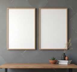 Wooden Frame Mockup: Gray Wall, Desk Setting
