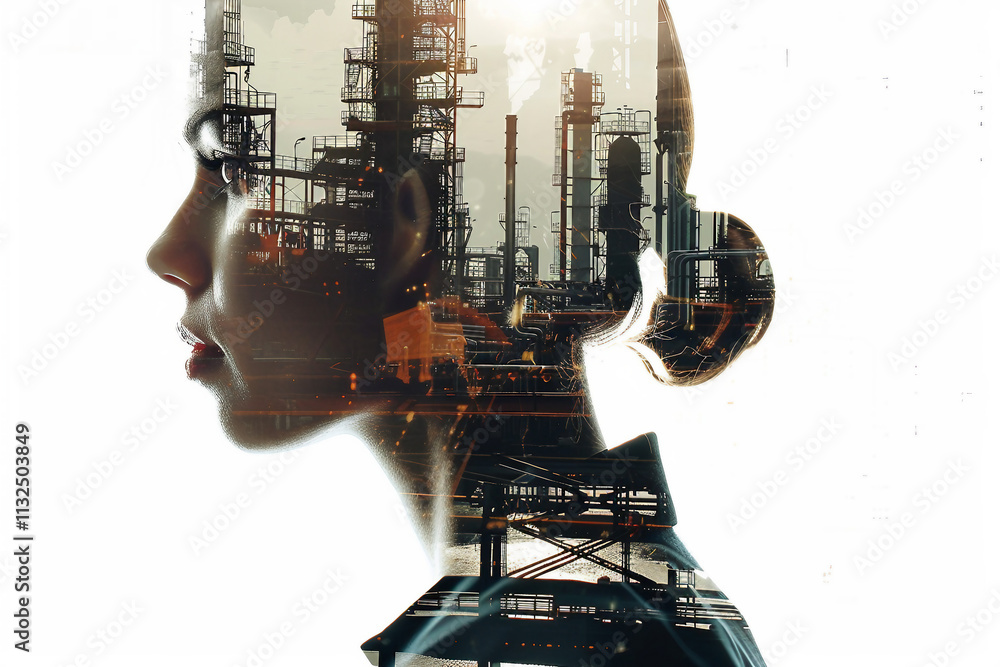 Poster a double exposure image showing a silhouette of a worker against a backdrop of city lights generativ