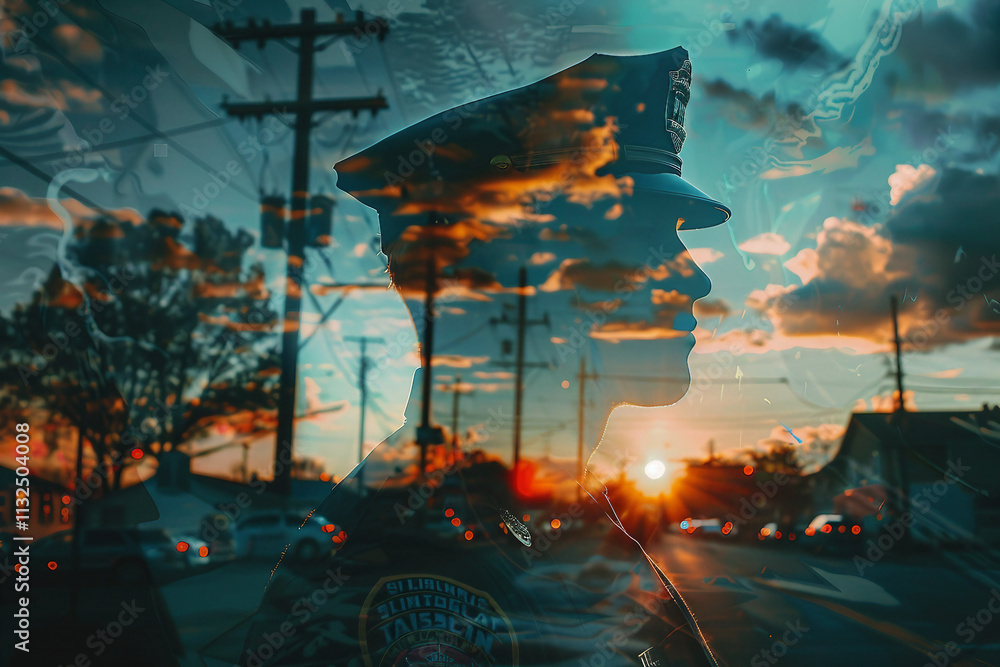 Poster a double exposure of a worker in a helmet with an industrial background generative ai