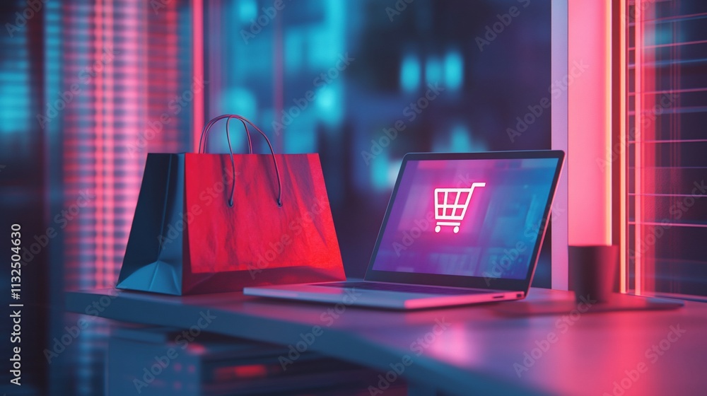 Poster a modern workspace with a laptop and shopping bag, illuminated in neon colors.