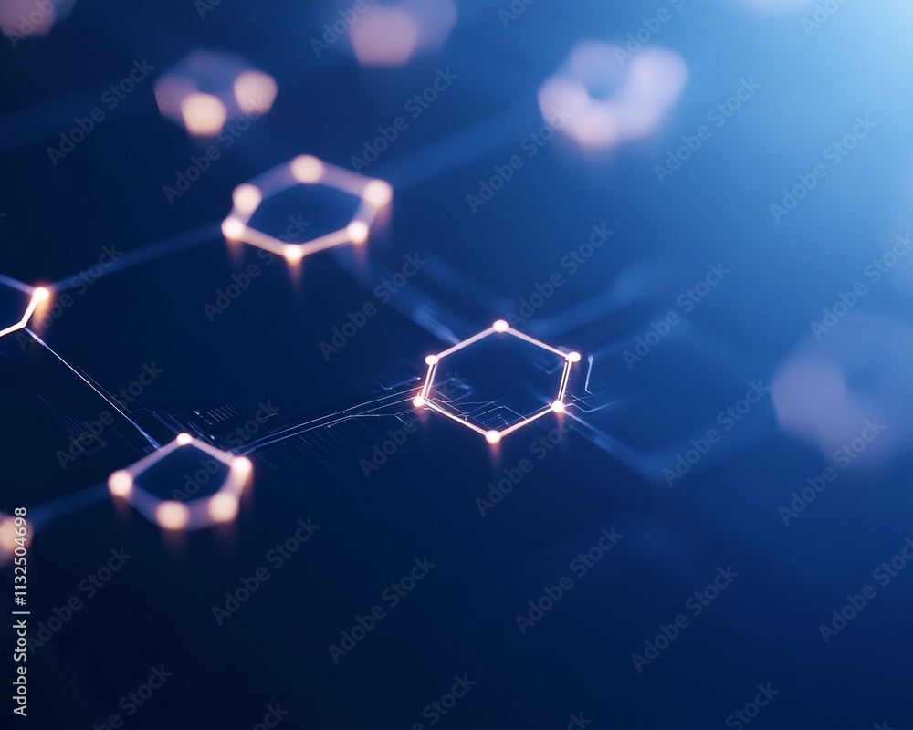 Poster Abstract Blockchain Network with Glowing Nodes and Digital Assets on Blue Background