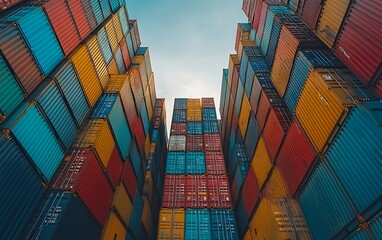 Fototapeta premium Colorful shipping containers stacked high against a blue sky, viewed from below.