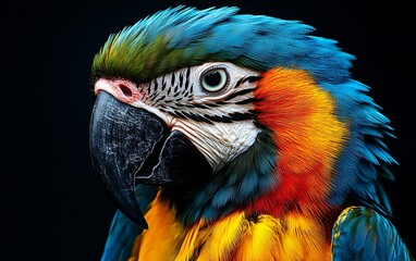 Obraz premium Vibrant Blue-and-gold Macaw portrait against a black background, showcasing its colorful feathers and sharp beak.
