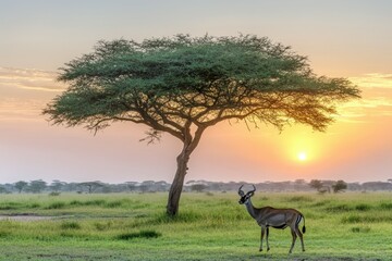 Naklejka premium Close-up of a camel in the desert with a golden sunset.. Beautiful simple AI generated image
