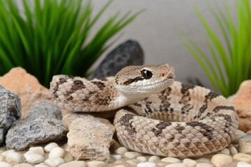 Obraz premium Potrait Trimeresurus erythrurus, commonly known as the red-tailed bamboo pit viper on a tree. Beautiful simple AI generated image