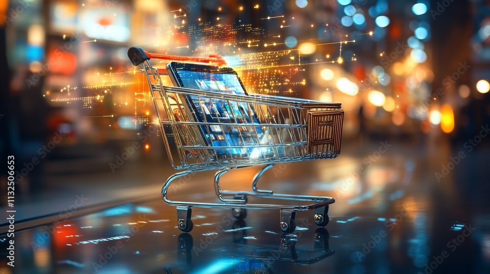 Poster a shopping cart with a digital device, symbolizing modern retail and technology.