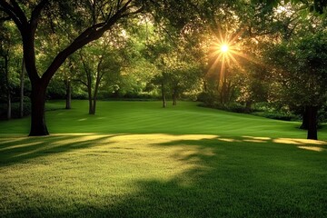 Obraz premium Golden sunlight filters through trees casting long shadows across a vibrant green grassy field in a serene park setting, creating a picturesque landscape