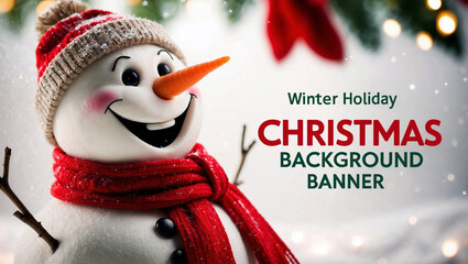 Happy snowman with red scarf and hat in festive holiday background scene