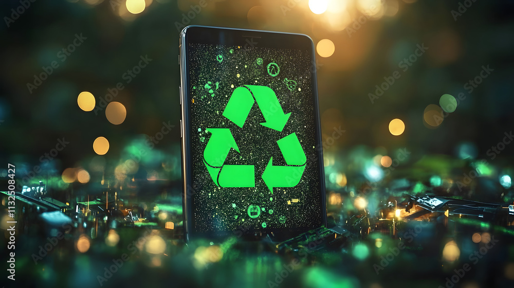 Poster green technology and recycle symbol on smartphone with bokeh background