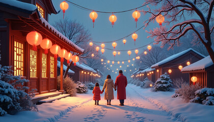 Family walking in a snowy street with lanterns during Chinese New Year