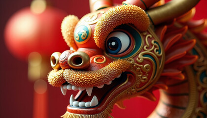 Fototapeta premium Colorful Chinese dragon statue with festive background for Chinese New Year